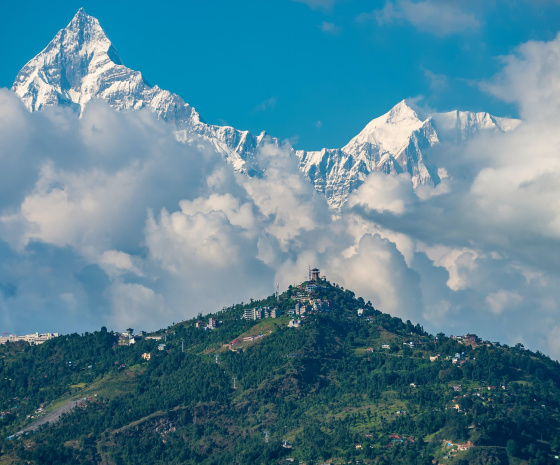 The city of Pokhara on the shore of the lake